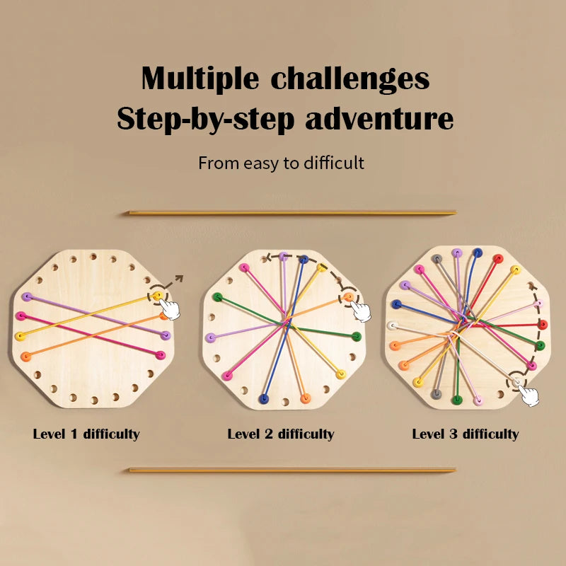 Knoopkring houten editie met verschillende knoopniveaus, stap-voor-stap puzzeluitdaging voor kinderen en volwassenen.