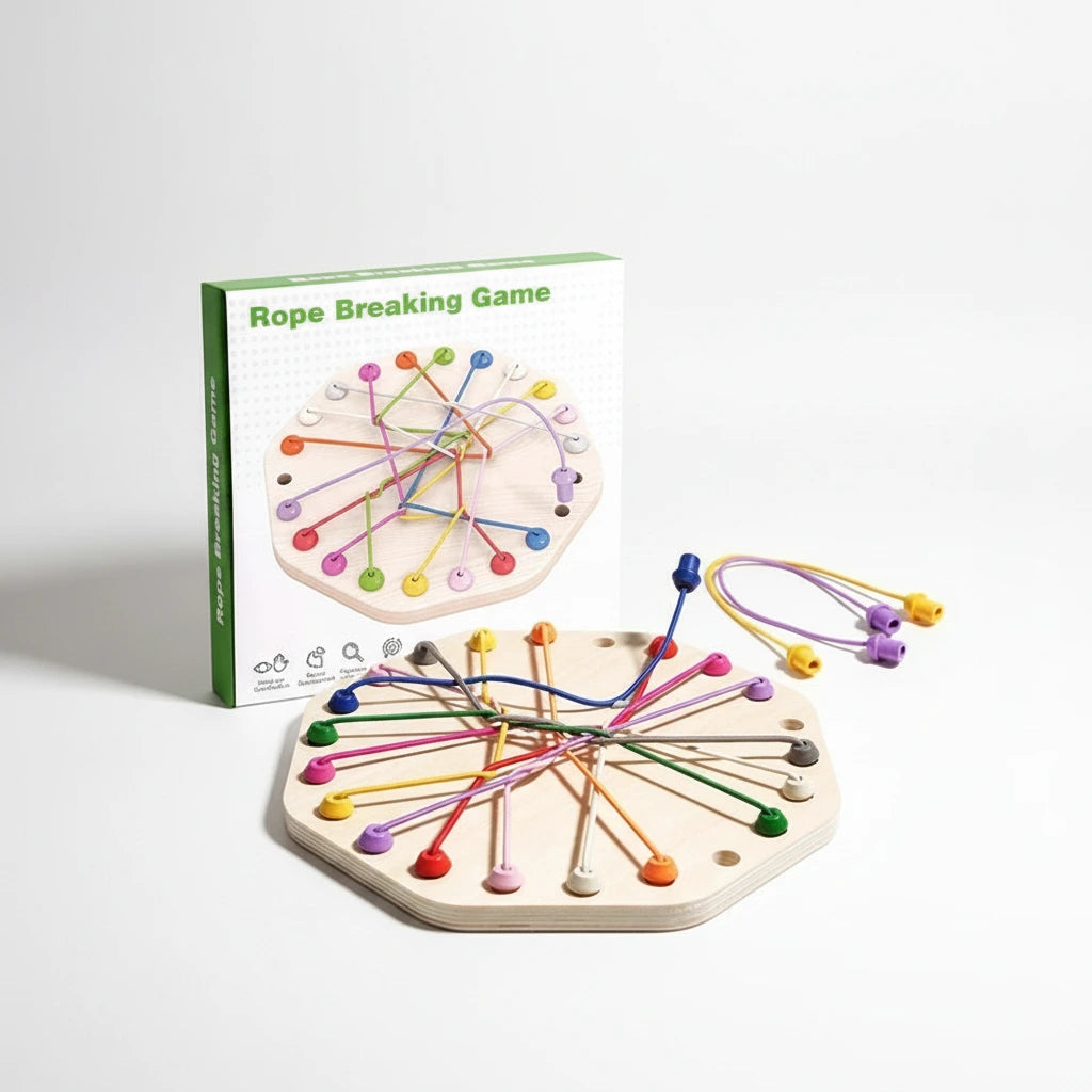 Knoopkring houten ontwarspel met doos en gekleurde touwen, compleet schermvrij educatief spel.