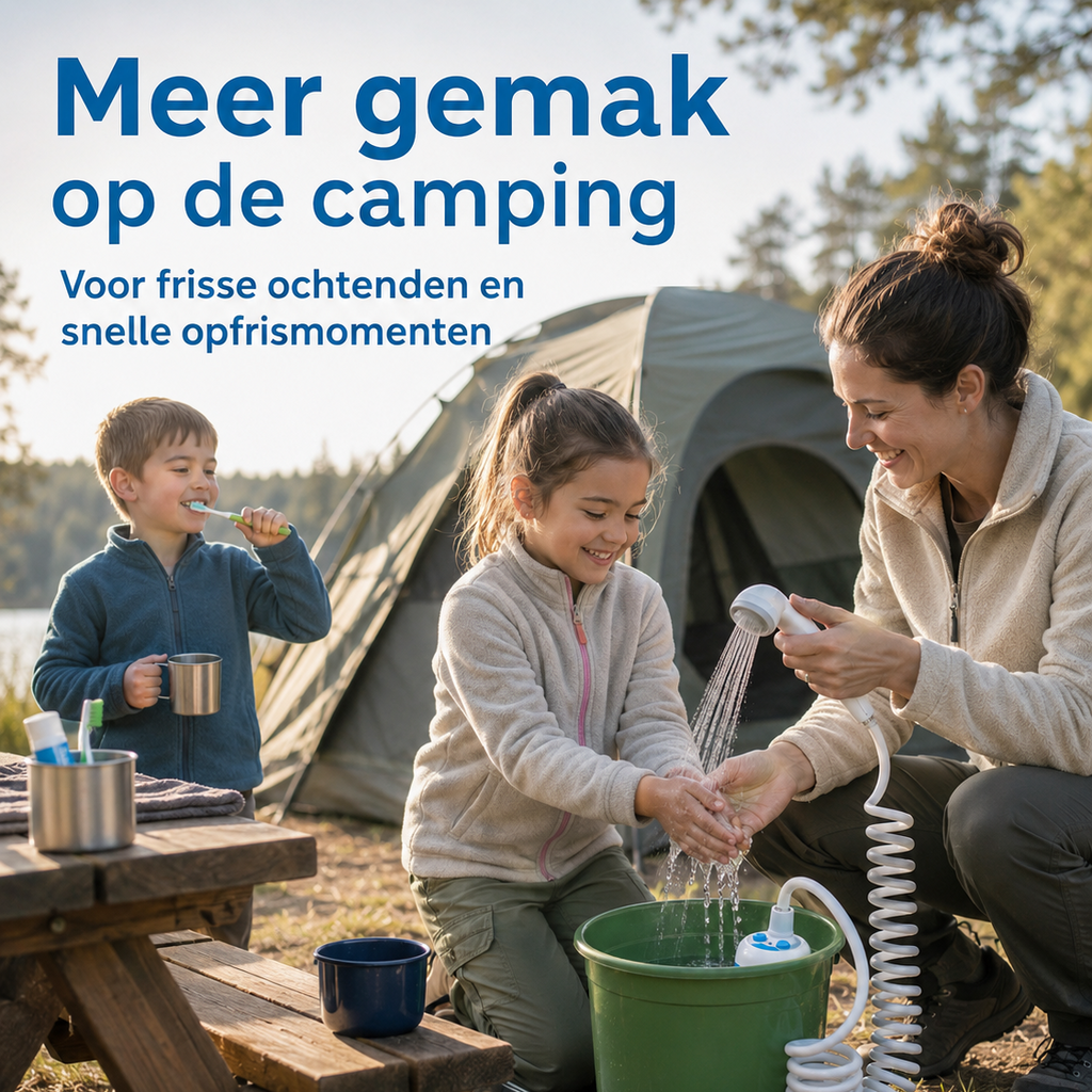 Kind spoelt handen af met SplashGO douche bij emmer op strand