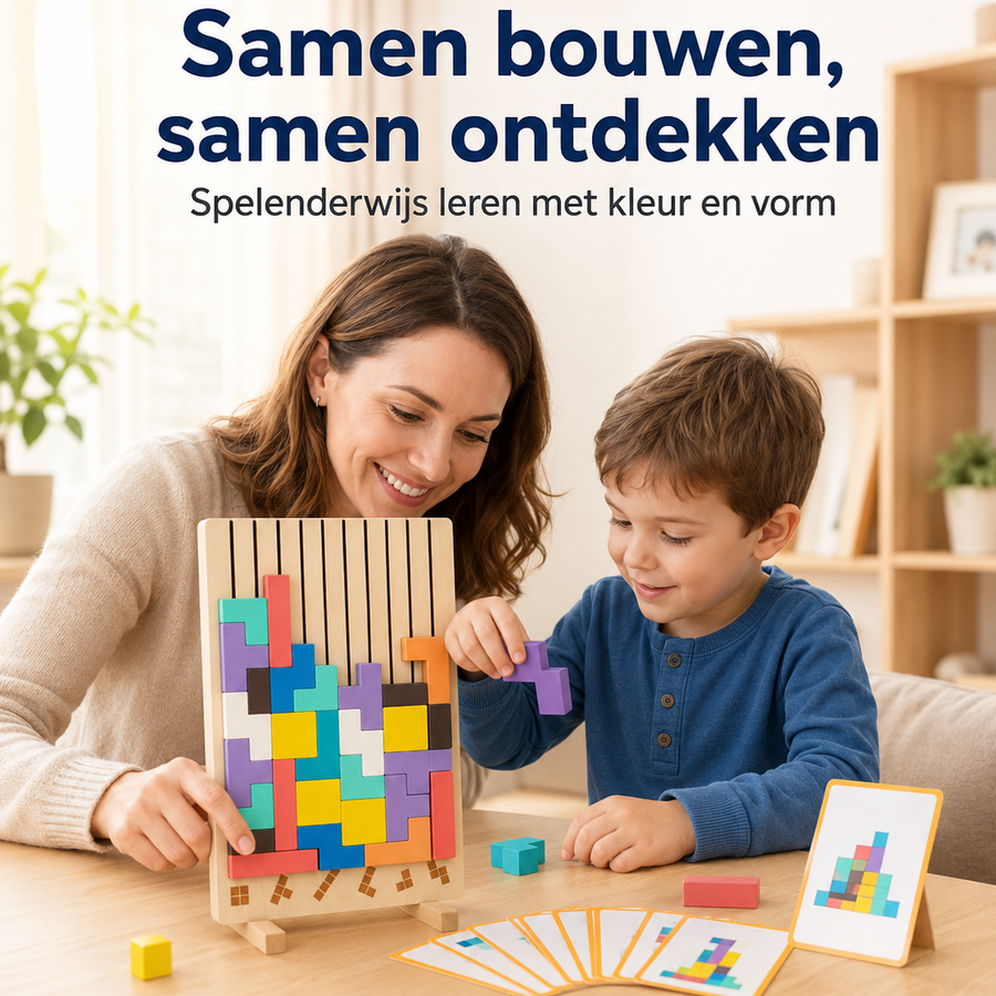 Kind bouwt met gekleurde houten blokken uit het vormenbord