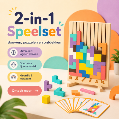 Houten stapel- en puzzelspel met geometrische blokken in verschillende kleuren