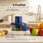 PurePeel elektrische fruit- en groenteschiller op keukenblad met druiven en fruit