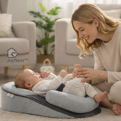 moeder kijkt naar  jonge baby die in joynest ontspannen en blij ligt.