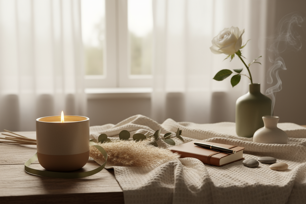 een ode aan de zachte kant van het leven. Aan momenten vol geur, licht en betekenis. Elk product in ons assortiment is gekozen om rust te brengen, een glimlach te wekken, of een herinnering te maken die blijft. beige en olijfgroene tinten