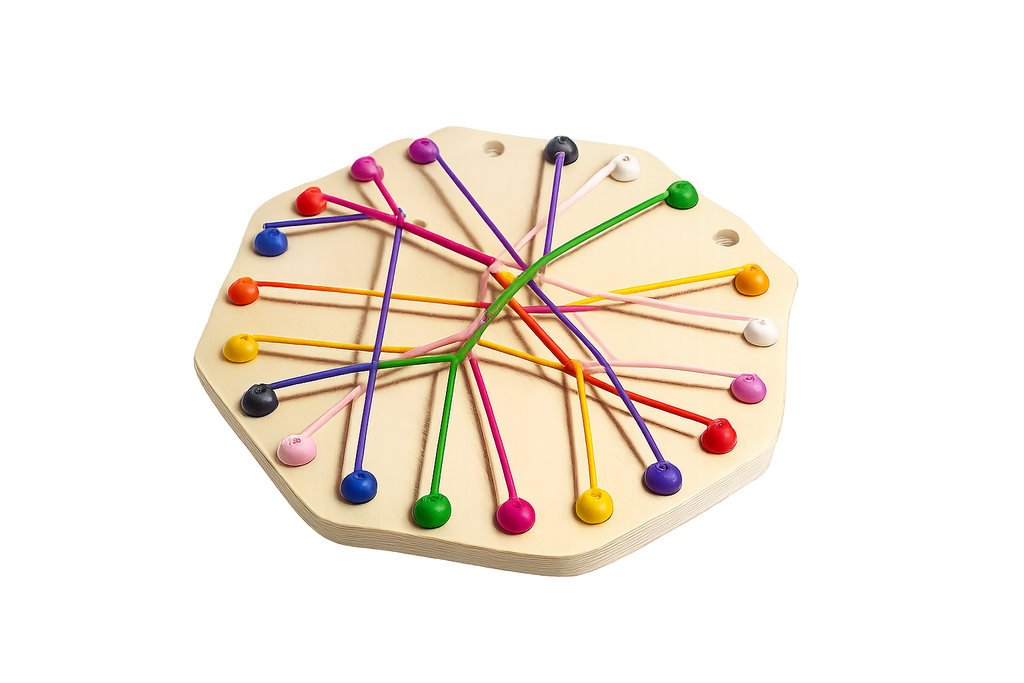 Knoopkring houten editie, rond houten ontwarspel met gekleurde touwen en pinnen, schermvrij puzzelspel voor focus en rustig samenspelen.