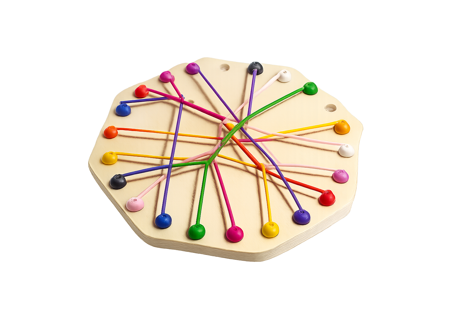 Knoopkring houten editie, rond houten ontwarspel met gekleurde touwen en pinnen, schermvrij puzzelspel voor focus en rustig samenspelen.