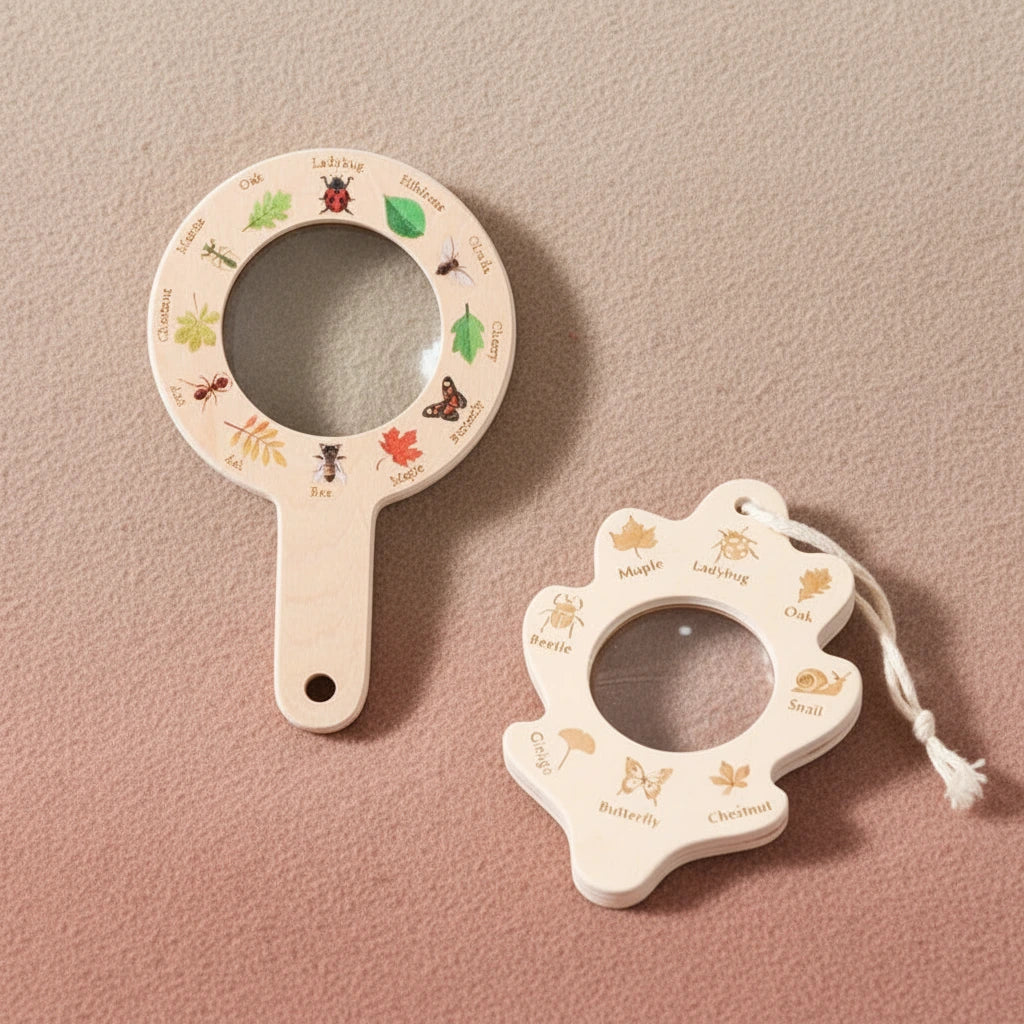 Houten vergrootglas voor kinderen met natuur-identificatiekaarten op groene achtergrond