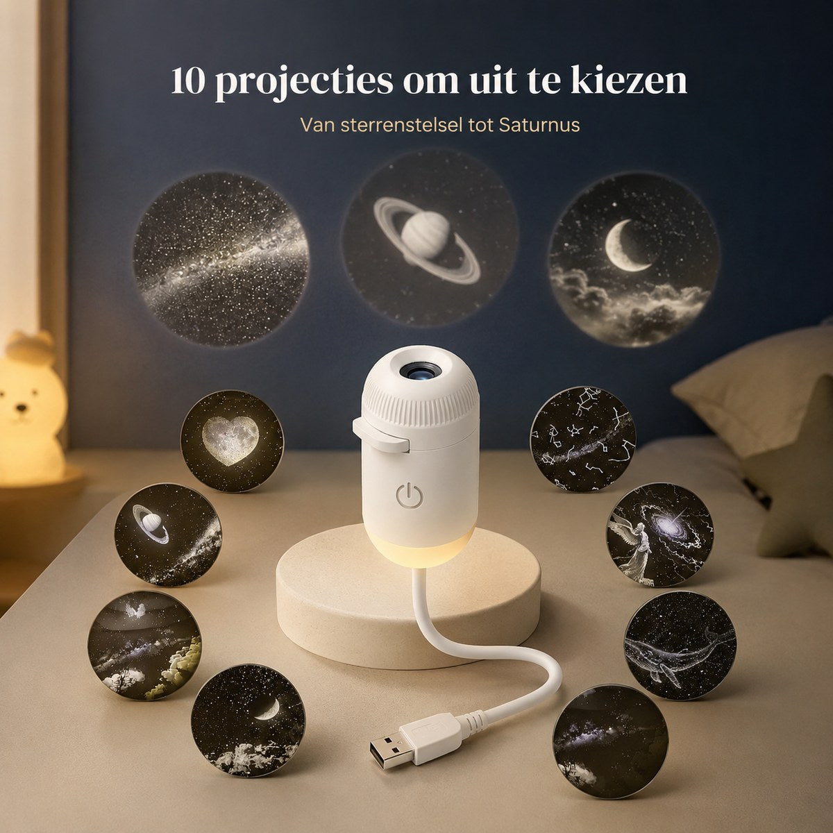 Tien verwisselbare projectieschijfjes om uit te kiezen