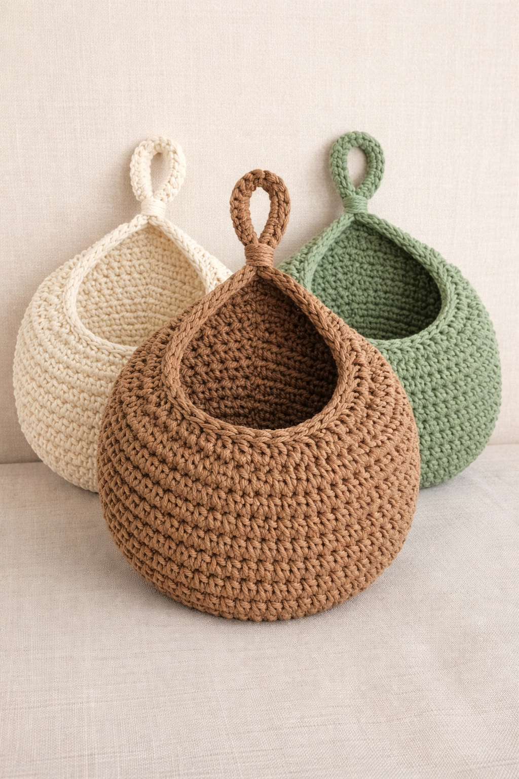 Gehaakte wandopberger van henneptouw, kleuren bruin, wit en groen