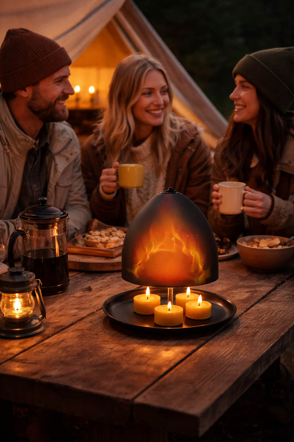 Calora Iron Glow Heater met bijenwaskaarsen tijdens gezellige avond aan tafel