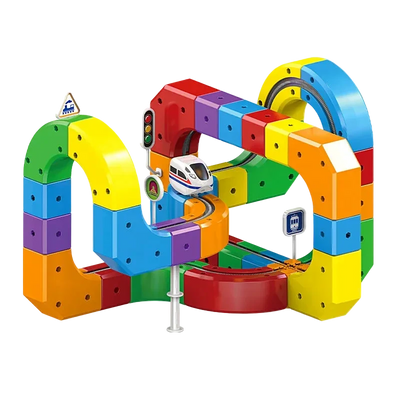 Kleurrijke magnetische baan met bochten en bouwblokken voor kinderen #hoe-het-werkt
