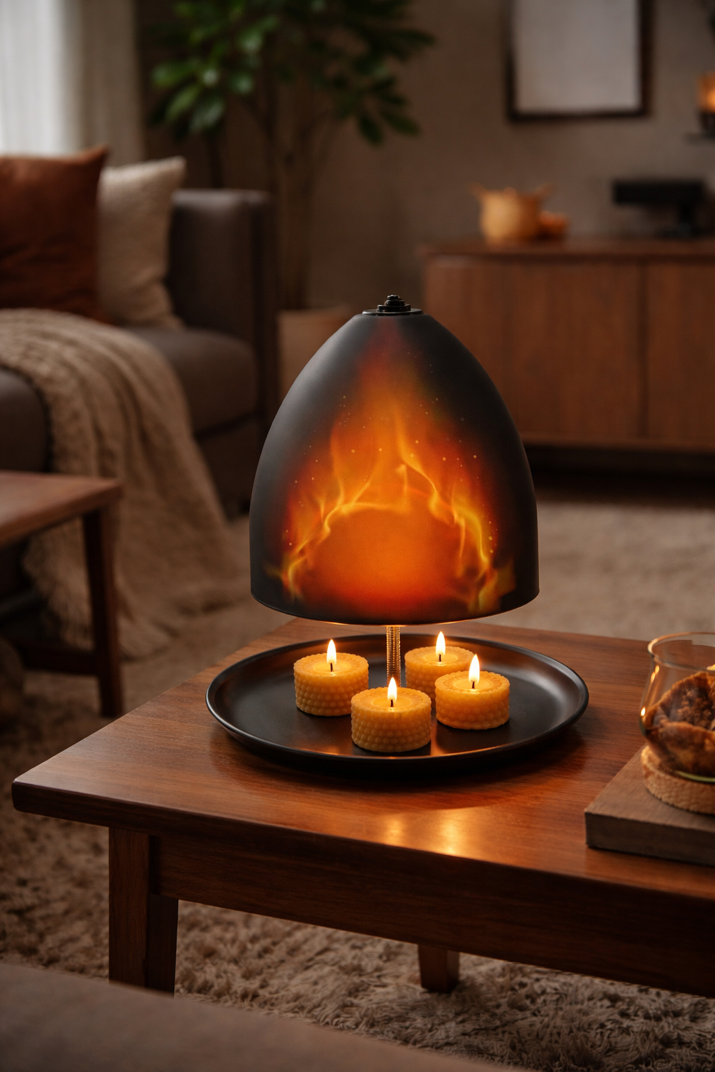 Calora Iron Glow Heater met bijenwaskaarsen op houten tafel in warme woonkamer