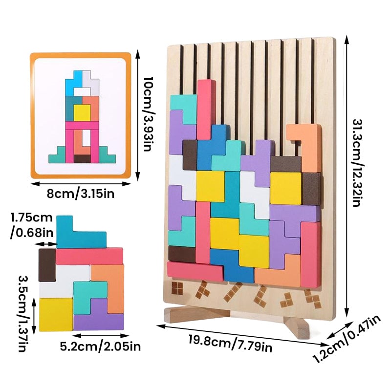 Houten stapel- en puzzelspel met 9 blokken en 10 kaarten