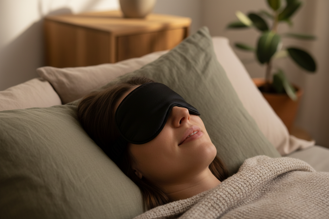 een persoon die een zwart oogmasker draagt, mag een close up zijn. In ontspannen sfeer thuis met olijfgroen/beige tinten.