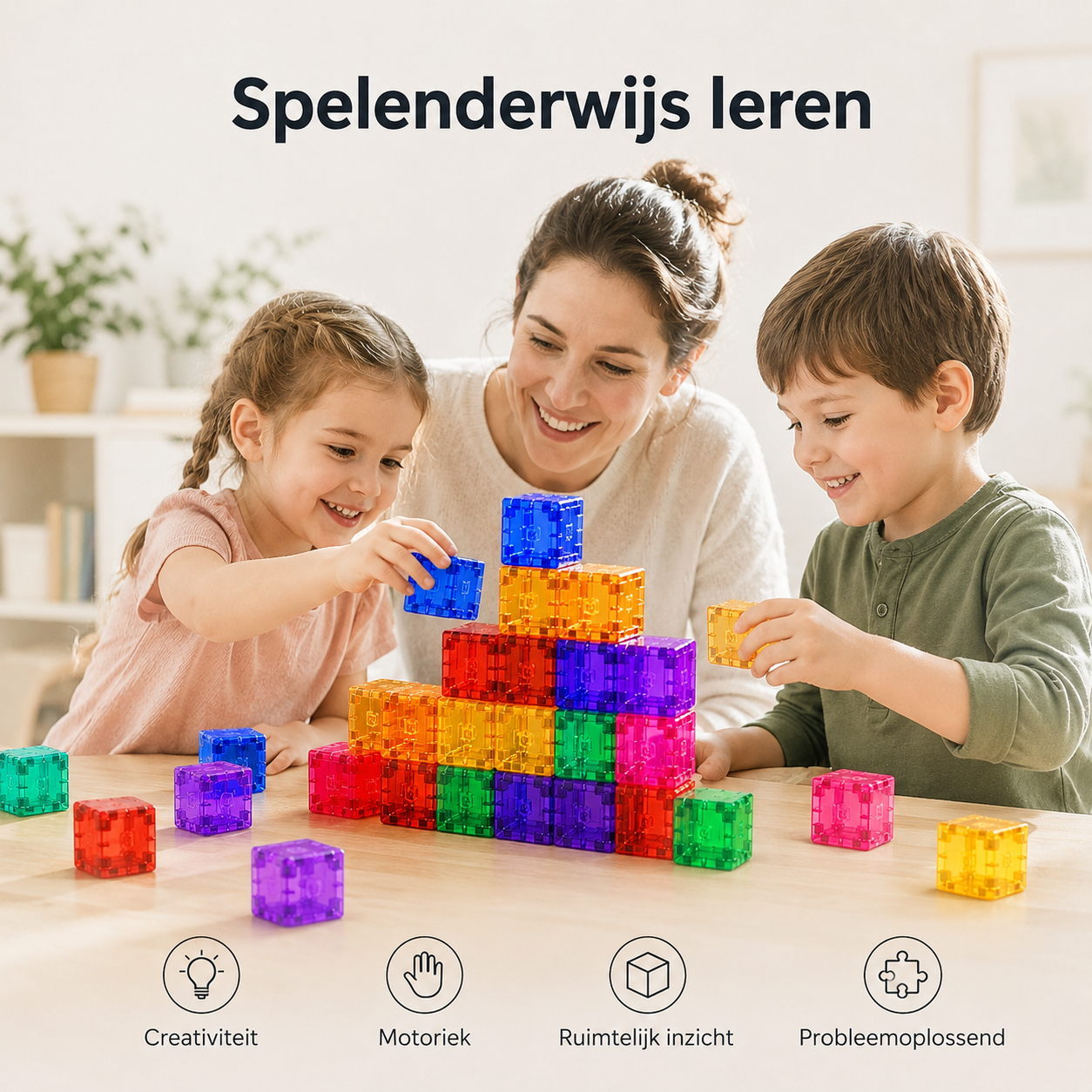 Kind bouwt toren met magnetische transparante blokjes