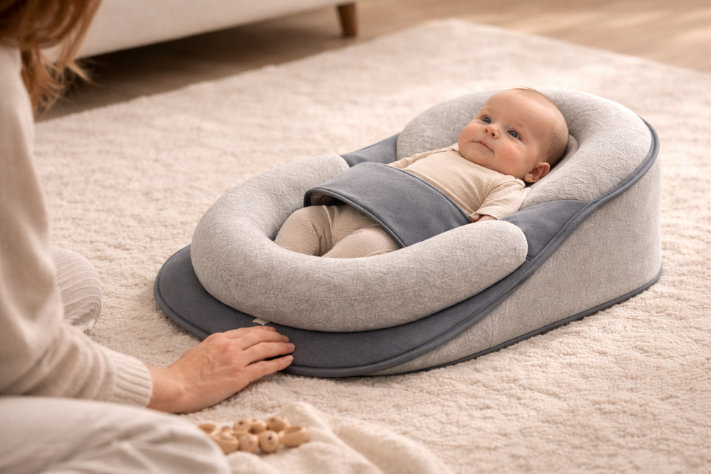 baby ligt ontspannen in joynest geplaatst op het vloerkleed in de woonkamer