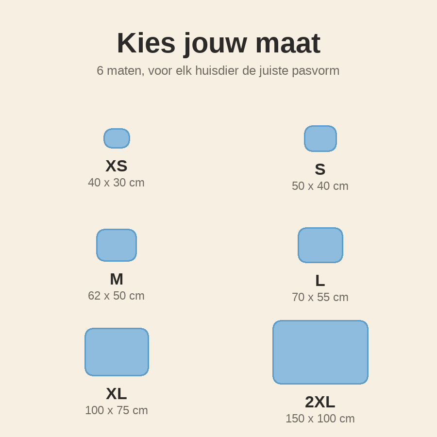 Maattabel Koelmat voor huisdieren - XS tot 2XL met afmetingen in cm
