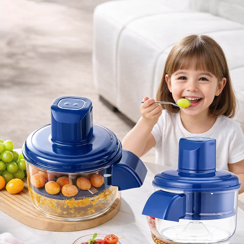 Kind gebruikt PurePeel elektrische schiller aan tafel met fruit