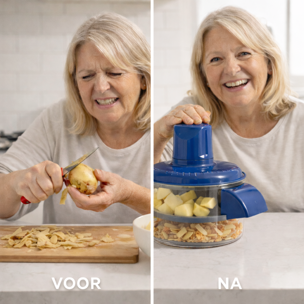 persoon met voor en na foto's gebruik met aardappelen elektrische fruit en groenteschiller purepeel