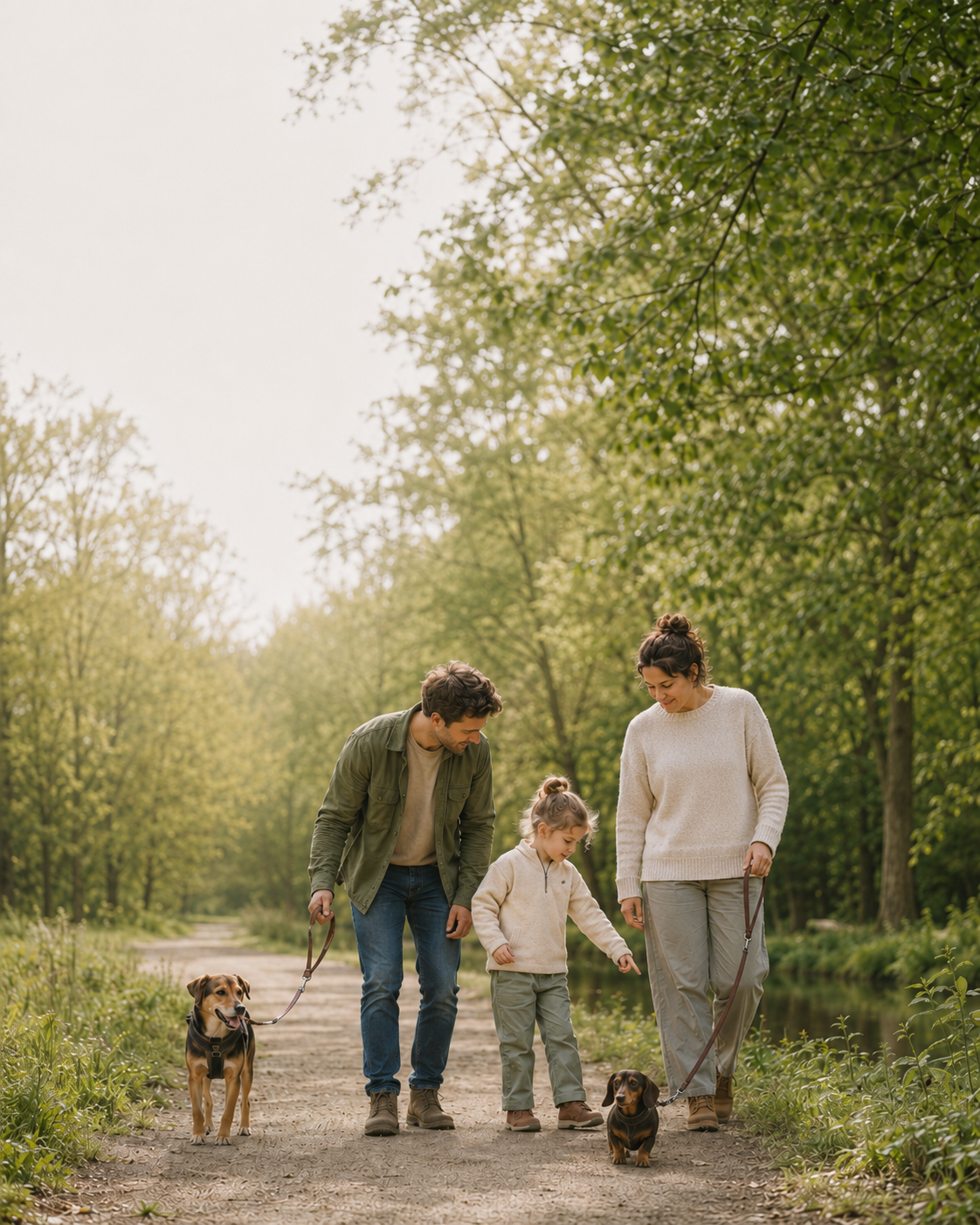 Ouders lopen met kind en twee honden op een bospad