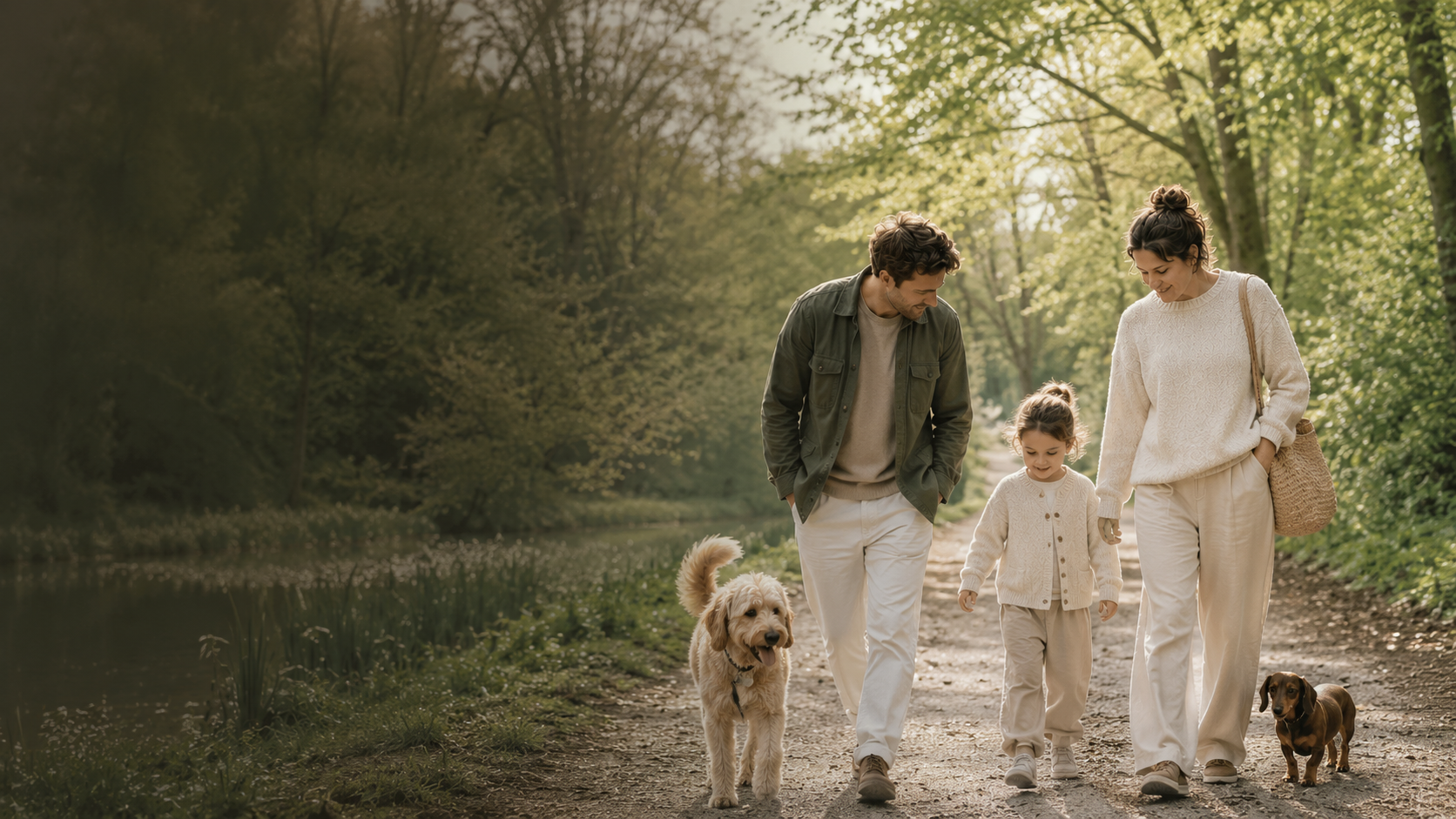 Ouders lopen met kind en twee honden op een bospad