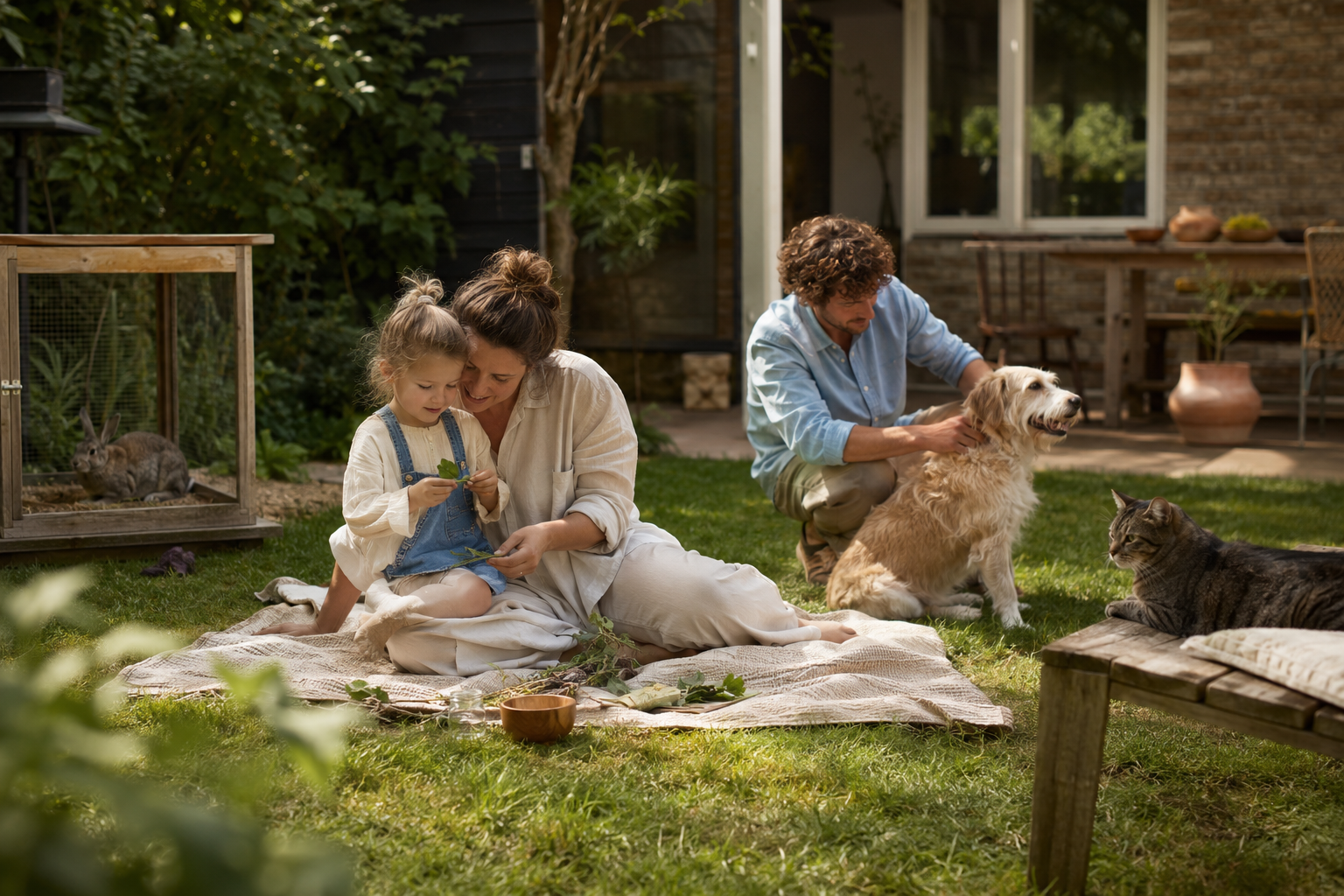 Familie met huisdieren in de tuin