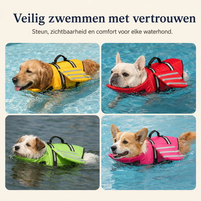 Hond zwemt veilig met hondenreddingsvest met kinband