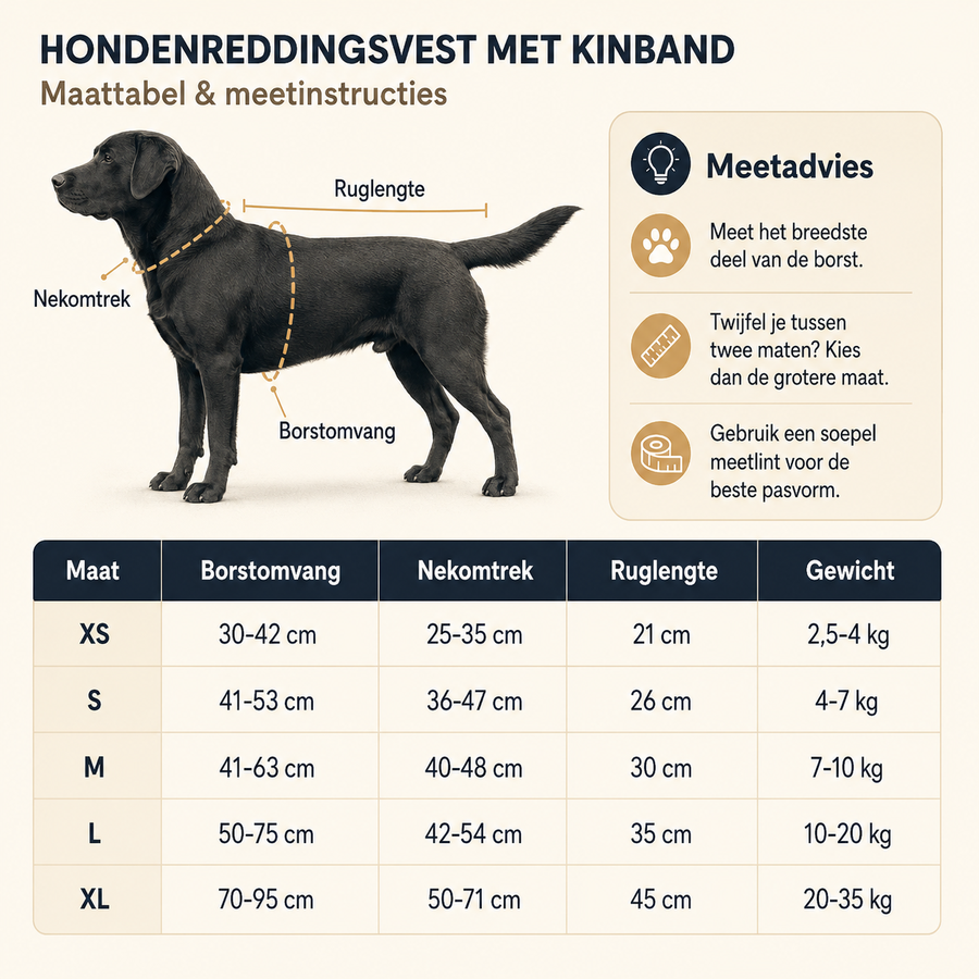 Maattabel hondenreddingsvest met kinband, maten XS tot XL
